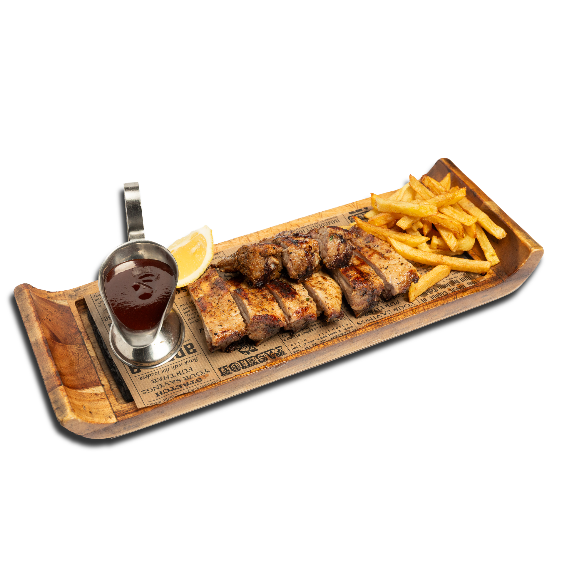 Крехки свински ребърца на барбекю, домашни пържени картофки и BBQ сос